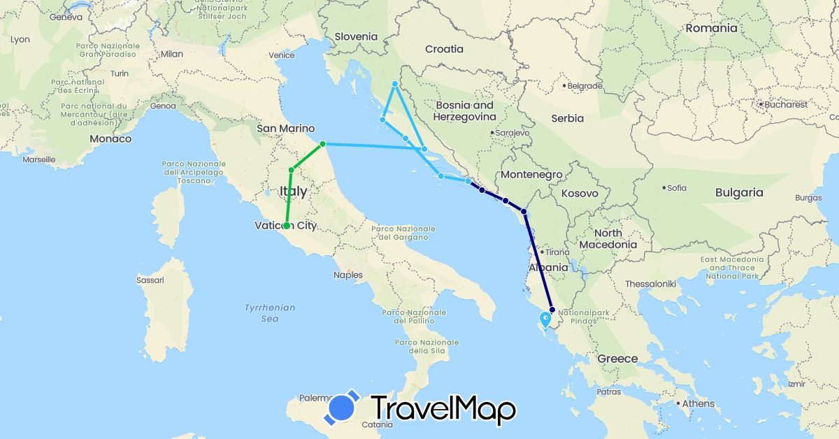TravelMap itinerary: driving, bus, boat in Albania, Greece, Croatia, Italy, Montenegro (Europe)